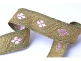 Galon motif floral vert, rose et or 2 cm